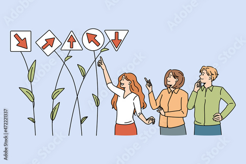 Businesspeople look at different directions search for solution together. Diverse employees or workers engaged in teamwork think of project or strategy launch. Cooperation. Vector illustration.