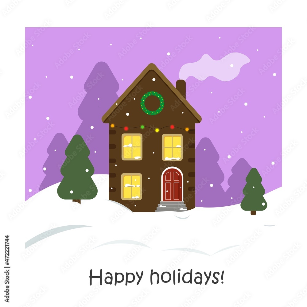 Merry Christmas house. Cartoon vector illustration. New Year card. Winter is comming. Happy holidays. Merry Christmas house. Cartoon vector illustration. New Year card. Winter is comming. Happy holidays.