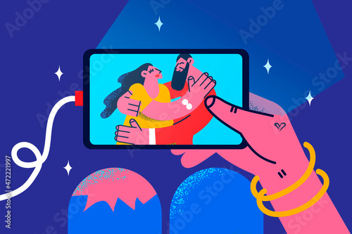 Woman hold tablet watch movie online 