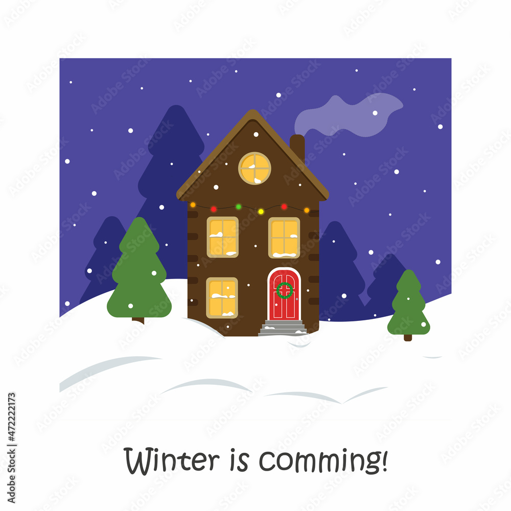 Vector illustration of a winter landscape. New Year card. Winter is comming. Happy holidays.