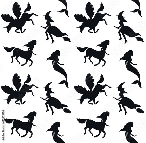 Vector seamless pattern of flat hand drawn fairy mystical characters silhouette isolated on white background