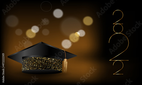Congratulations on your graduation from school. Class of 2022. Graduation cap, confetti and balloons. Congratulatory banner. Academy of Education School of Learning