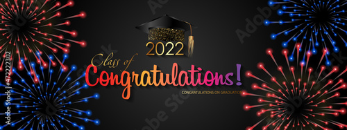 Congratulations on your graduation from school. Class of 2022. Graduation cap, confetti and balloons. Congratulatory banner. Academy of Education School of Learning