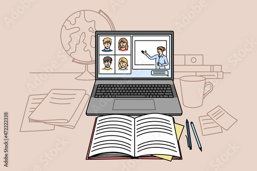 Workplace of student study online with laptop on lockdown at home. Desk with computer internet class and books. Remote education. New normal concept. Distant learning. Vector illustration.