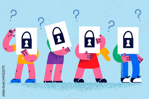 Diverse people with papers with painted lock 