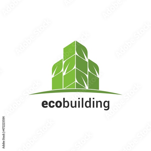 Eco friendly green building logo design. Combination of leaf with  urban city logo design