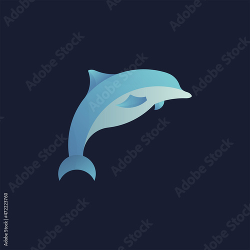 Blue dolphin modern icon logo design template. Vector illustration for visual business identity concept. Flat, elegant, isolated on dark background underwater. 