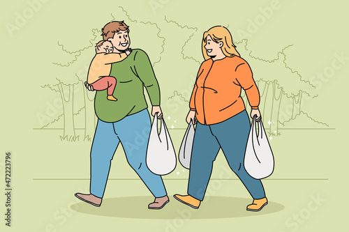 Obese family with child shopping carrying bags with products. Fat overweight parents with small kid buy food meal, suffer from eating disorder. Bad habits, dieting and wellness. Vector illustration.