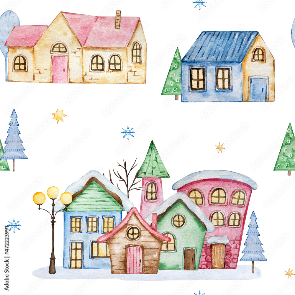 Watercolor pattern with elegant Christmas houses