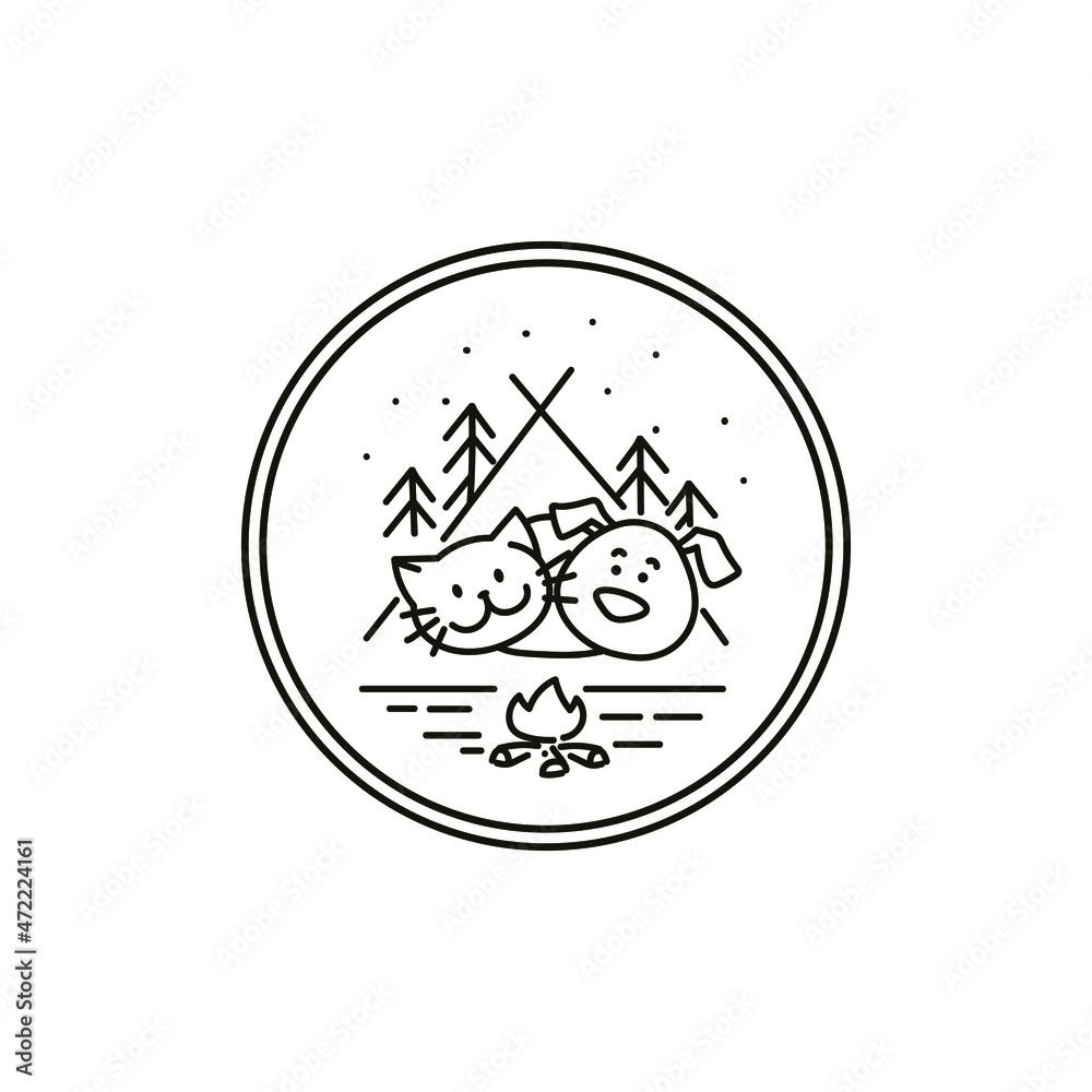 Happy Cat and Dog in the Camp. Natural Landscape. 