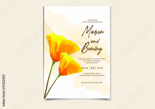 wedding invitation card template with watercolor California Poppy  