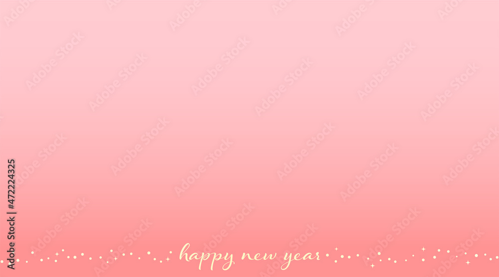 Pink gradient background and yellow happy new year text. Snow and star pattern. Space for text. Vector illustration.