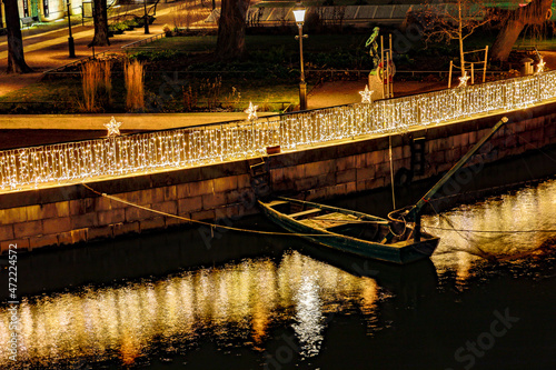 Photography Stockholm, Sweden The Helgeandsholmen island lit up with Christmas lights at night