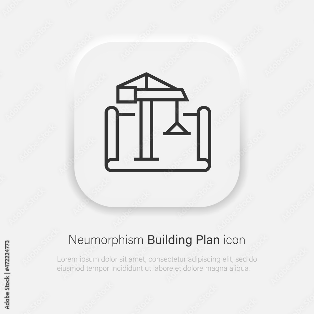 Building architecture plan vector icon. Construction crane symbol in trendy soft material neumorphism style. Vector EPS 10 Building architecture plan vector icon. Construction crane symbol in trendy soft material neumorphism style. Vector EPS 10
