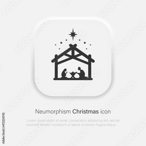 Christmas scene of baby Jesus in the manger with Mary and Joseph vector icon in trendy soft material neumorphism style. Vector EPS 10