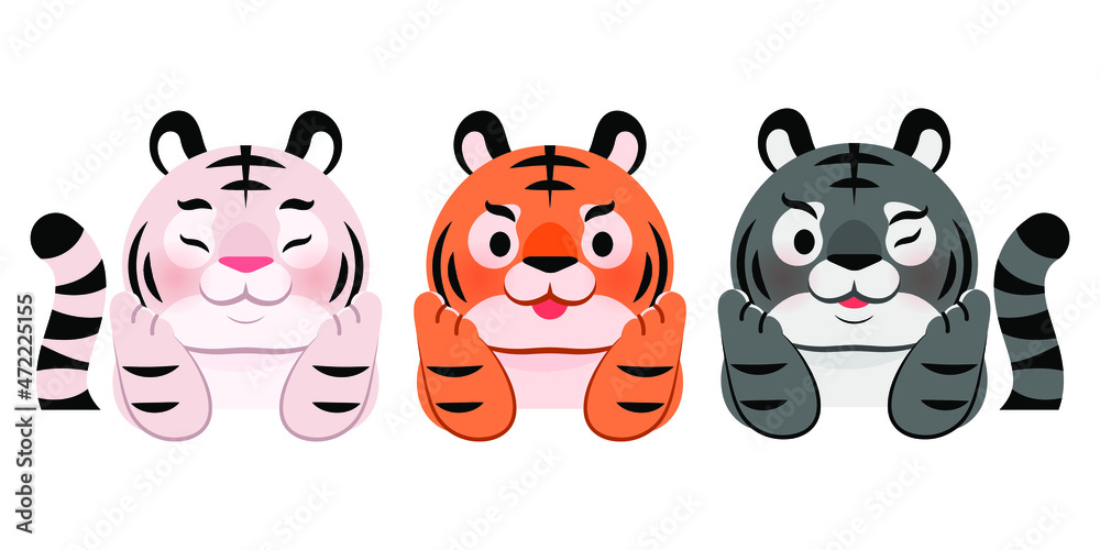 Three tigers support their chins with their hands and smile. Cute tiger character vector illustration. Three tigers support their chins with their hands and smile. Cute tiger character vector illustration.