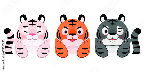 Three tigers support their chins with their hands and smile. Cute tiger character vector illustration.
