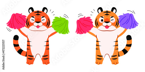 Two cheering tiger cheerleaders. Cute tiger character illustration.