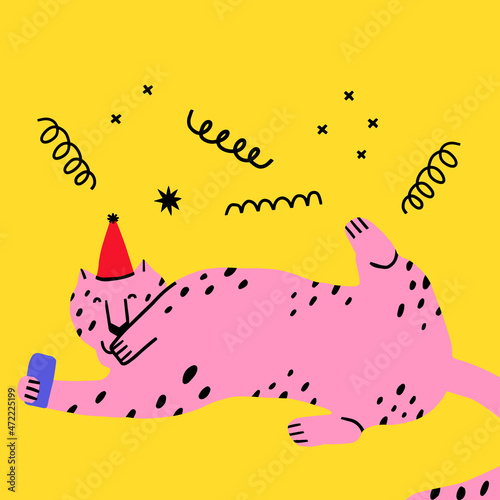 vector christmas card - tiger selfie - symbol of 2022 new year.Funny Christmas quirky  tiger with phone and humor lettering "easy peasy".80s, 70s vibrant hand drawn poster for social media and stories