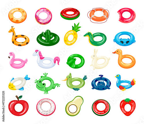 Vector collection of inflatable lifebuoys in the form of animals and fruits. Bright illustrations in flat style.