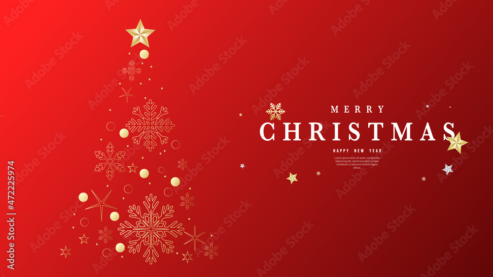 Merry Christmas with Christmas tree made of snowflakes and golden stars on red background , Flat Modern design , illustration Vector EPS 10 Merry Christmas with Christmas tree made of snowflakes and golden stars on red background , Flat Modern design , illustration Vector EPS 10