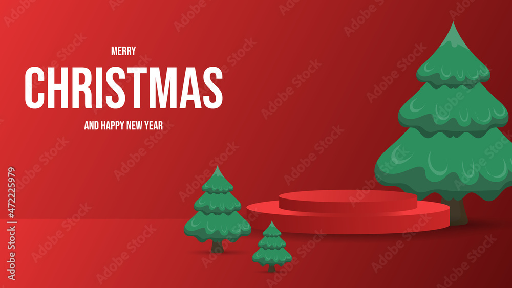 Naklejka premium Merry Christmas background, Podium with Christmas tree on red background , Flat Modern design , illustration Vector EPS 10