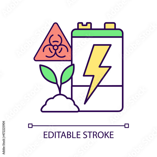 Battery soil contamination threat RGB color icon. Heavy metal ground pollution. Accumulator corrosion harm. Electronic waste landfill. Isolated vector illustration. Simple filled line drawing