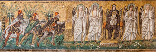 Ravenna, Italy - 01.11.2021 - The mosaic of the Holy Mary with angels and the Three Magi in the Basilica of Sant Apollinare Nuovo in Ravenna, Emilia Romagna, Italy, Europe