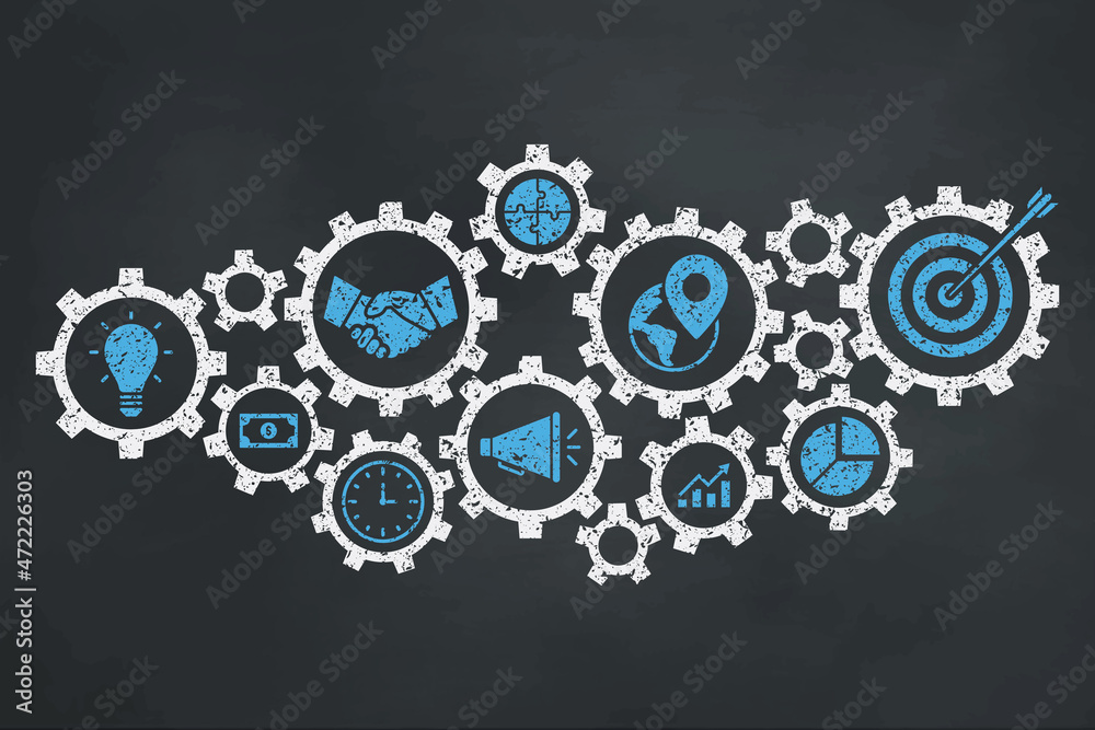 Gear concept with business icons on the blackboard. Gear concept with business icons on the blackboard.