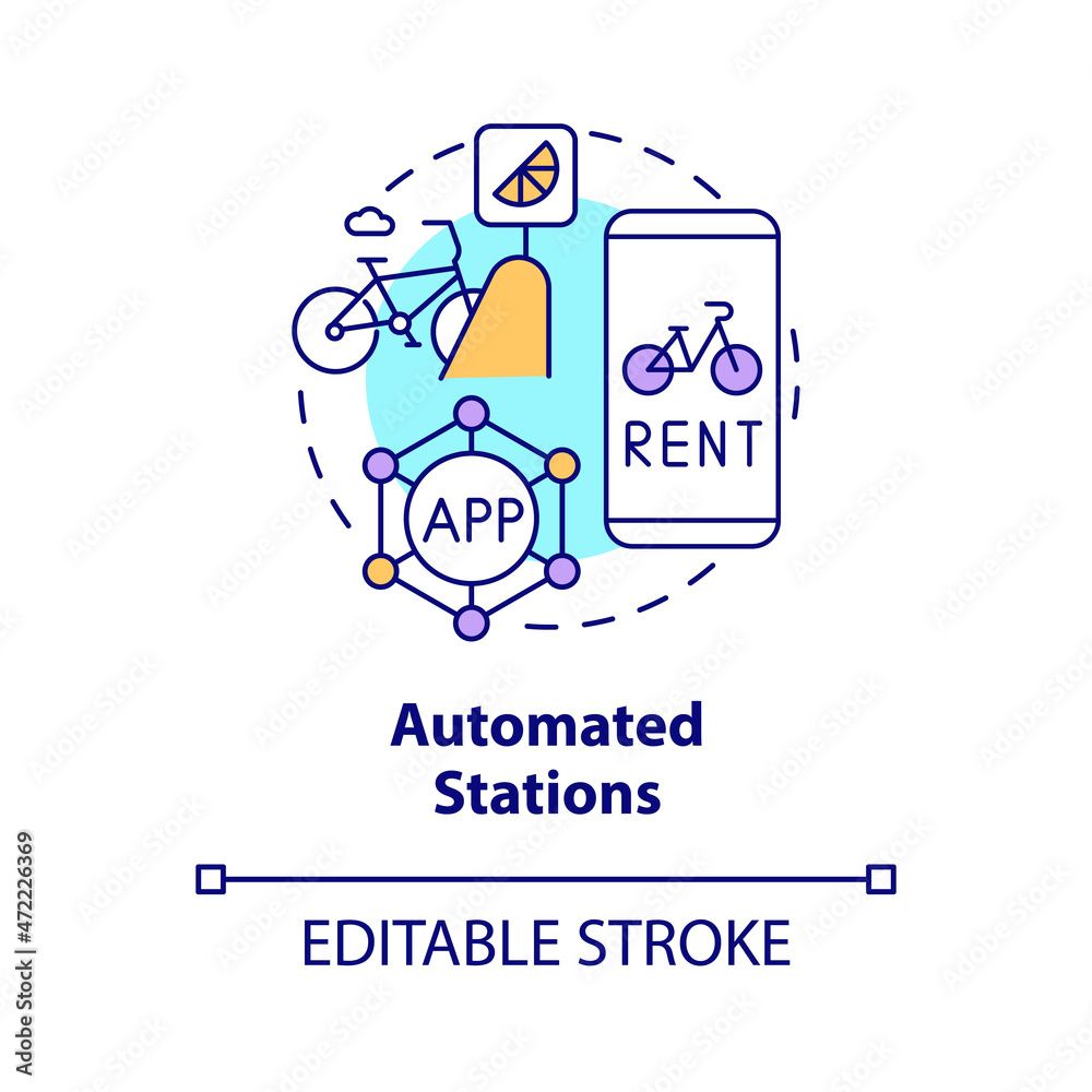 Automated stations concept icon. Bicycle sharing category abstract idea thin line illustration. Automatic bicycle rental. Third generation. Vector isolated outline color drawing. Editable stroke