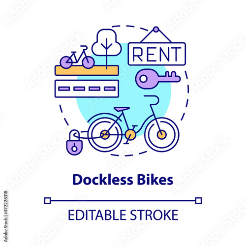 Dockless bikes concept icon. Bicycle sharing category abstract idea thin line illustration. Docking station absence. Bike-share system. Vector isolated outline color drawing. Editable stroke