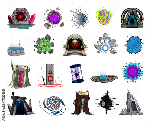 Collection of detailed cartoon style teleports for games. Portals to other worlds and universes.