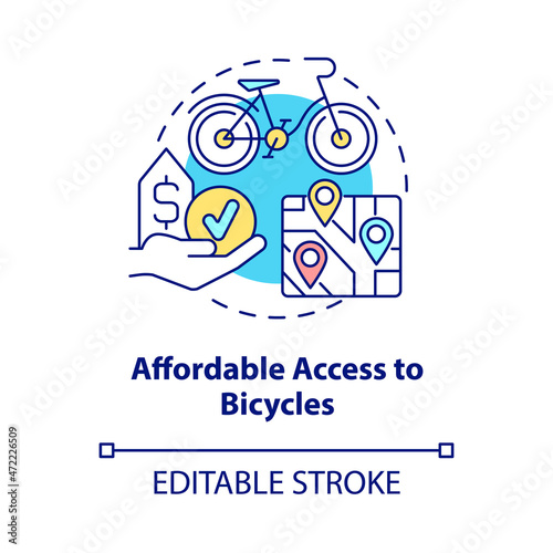 Affordable access to bicycles concept icon. Bike sharing goal abstract idea thin line illustration. Accessible option. Equitable vehicle sharing. Vector isolated outline color drawing. Editable stroke