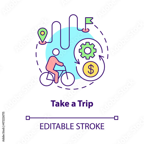 Take trip concept icon. Bicycle sharing usage abstract idea thin line illustration. E-bike tour. Transportation with rented electronic bike. Vector isolated outline color drawing. Editable stroke