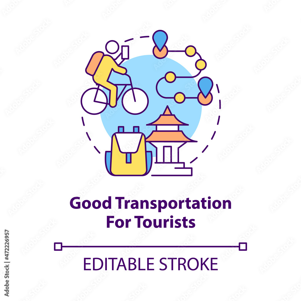 Good transportation for tourists concept icon. Bike sharing benefit abstract idea thin line illustration. Renting bicycle for short trips. Vector isolated outline color drawing. Editable stroke Good transportation for tourists concept icon. Bike sharing benefit abstract idea thin line illustration. Renting bicycle for short trips. Vector isolated outline color drawing. Editable stroke