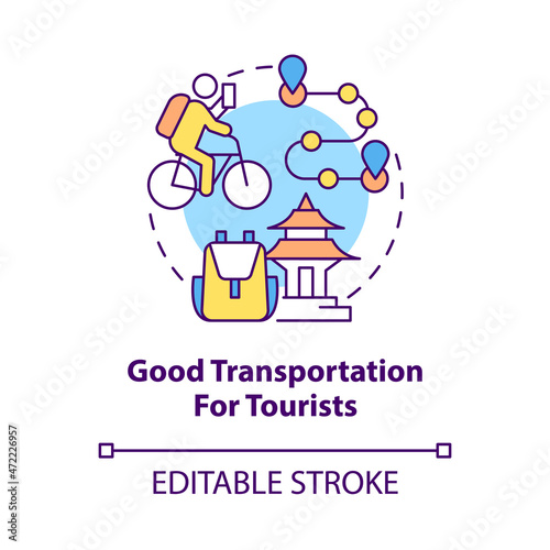 Good transportation for tourists concept icon. Bike sharing benefit abstract idea thin line illustration. Renting bicycle for short trips. Vector isolated outline color drawing. Editable stroke