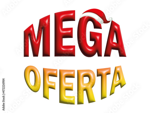 Advertising banner in Portuguese for Mega Offer with Santa Claus hat. Christmas advertisement. Sale promotion with white background. 3D rendering. Year-end holidays. 3D illustration.