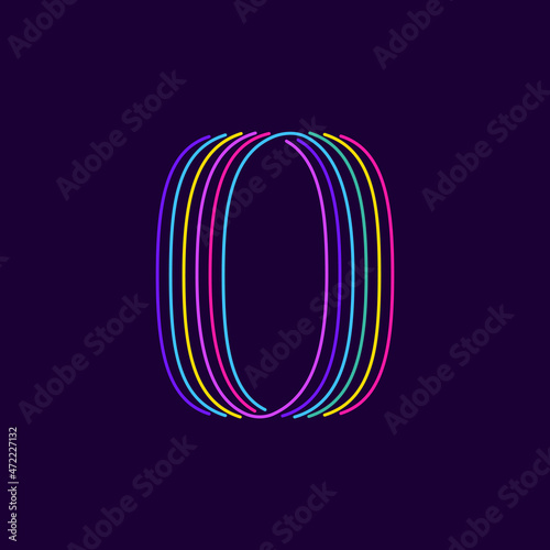 Neon light number zero symbol. Six thin lines colored font.