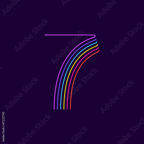 Neon light number seven symbol. Six thin lines colored font.