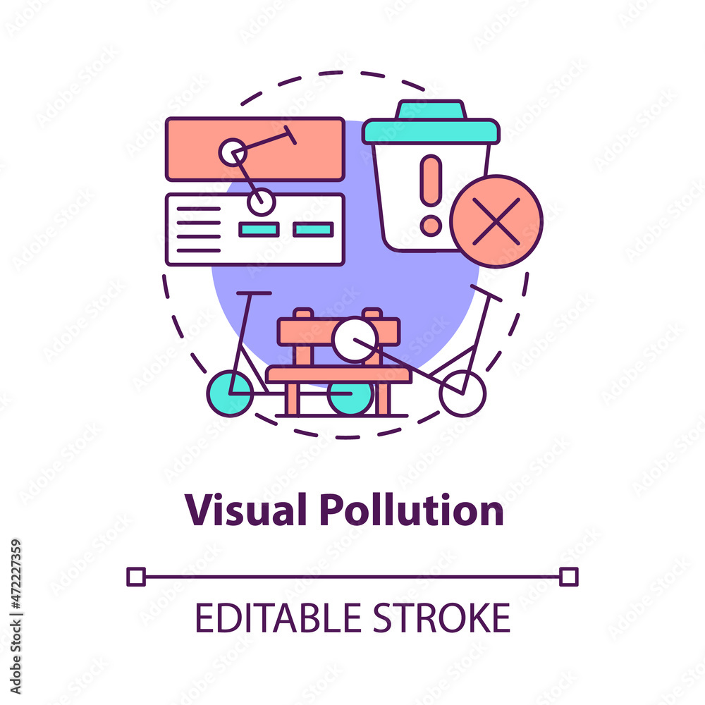 Visual pollution concept icon. Scooter sharing problem abstract idea thin line illustration. Irregular formation in urban places. Visual clutter. Vector isolated outline color drawing. Editable stroke