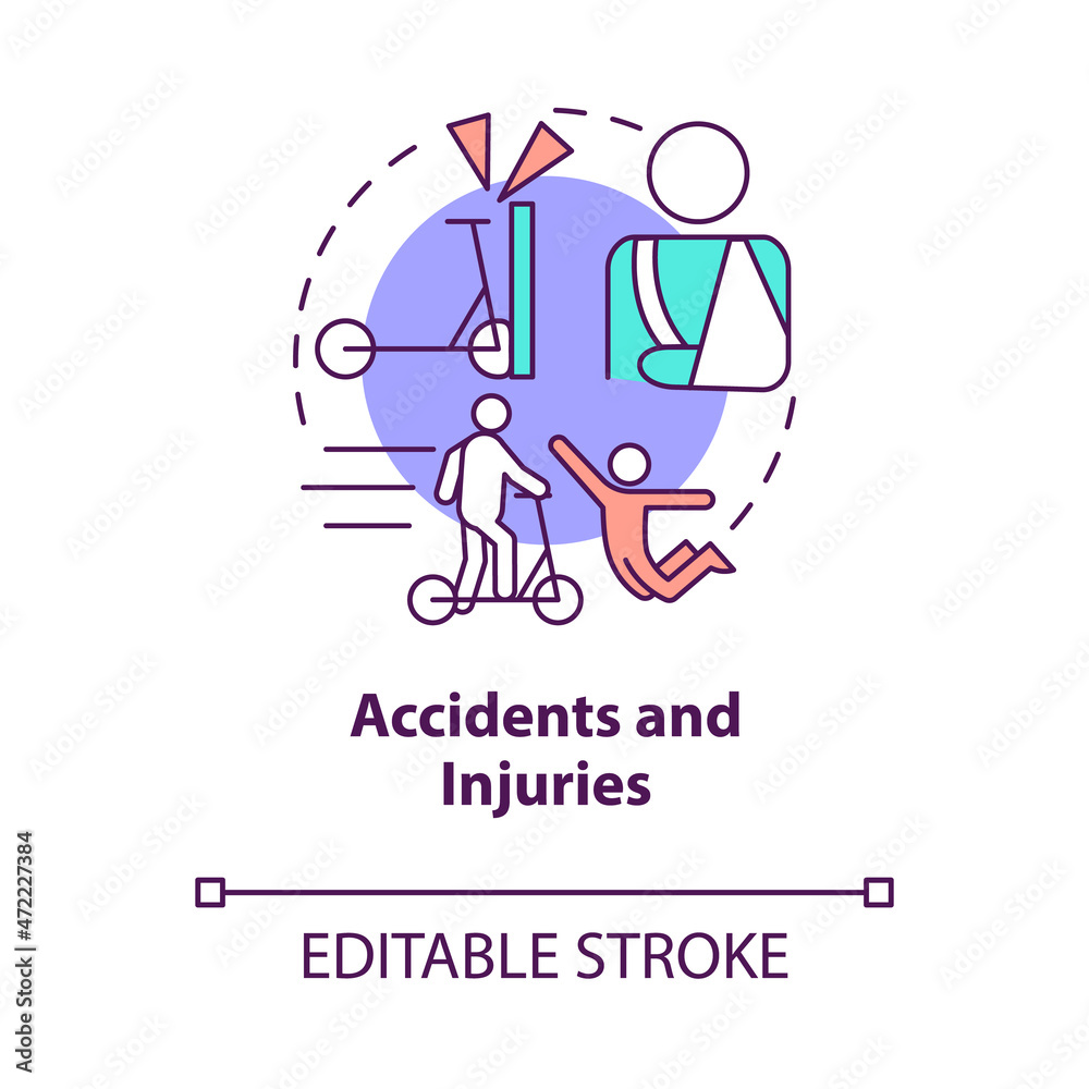 Accidents and injuries concept icon. Scooter sharing problem abstract idea thin line illustration. Vehicle related collisions and falls. Vector isolated outline color drawing. Editable stroke Accidents and injuries concept icon. Scooter sharing problem abstract idea thin line illustration. Vehicle related collisions and falls. Vector isolated outline color drawing. Editable stroke