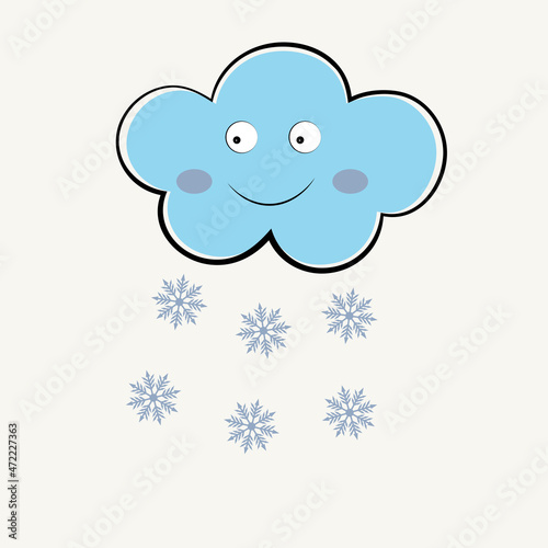 Cute happy cloud and snowflakes. Winter weather concept. Flat vector illustration with copy space