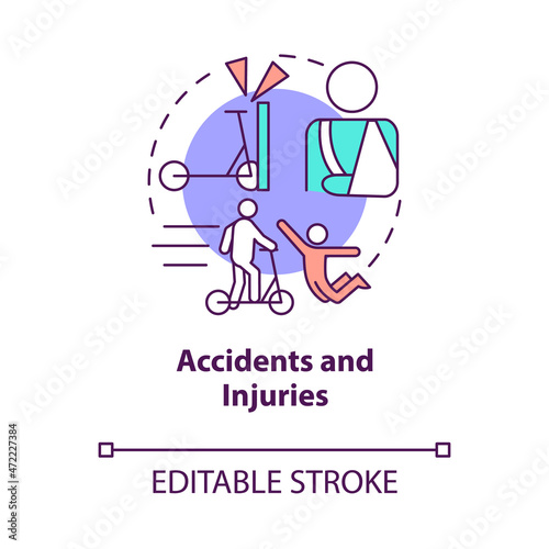 Accidents and injuries concept icon. Scooter sharing problem abstract idea thin line illustration. Vehicle related collisions and falls. Vector isolated outline color drawing. Editable stroke