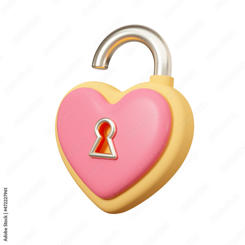 Opened Heart padlock with key hole. Minimal icon. 3d rendering illustration. Opened Heart padlock with key hole. Minimal icon. 3d rendering illustration.
