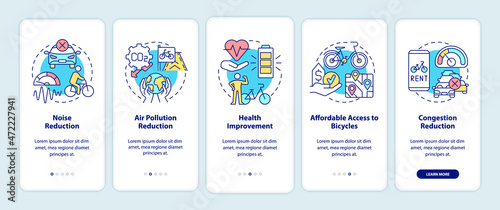 Bike sharing goals onboarding mobile app page screen. Noise reduction walkthrough 5 steps graphic instructions with concepts. UI, UX, GUI vector template with linear color illustrations