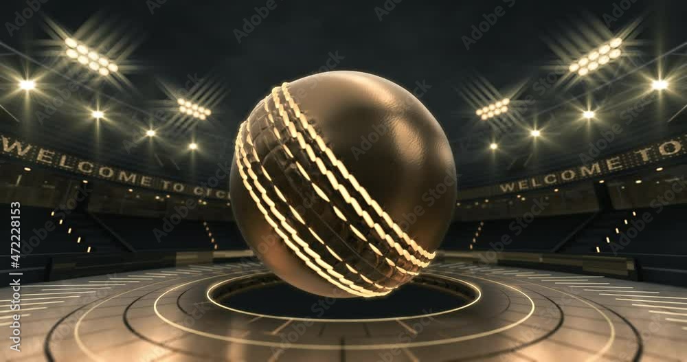 Virtual sport stadium with glowing cricket ball floating in the air. Two time looped 4k video parts as golden and blue variant. Virtual studio background animation.	