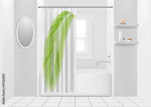 Realistic bathroom interior, bath and curtain with green palm leaf, shelf and window.