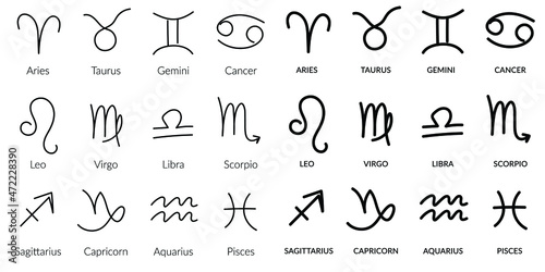 Zodiac signs. Vector flat black and white line drawing for printing, cards, t-shirt, web design. Astrology, horoscope. Line icons of zodiac. Isolated pictograms on white background