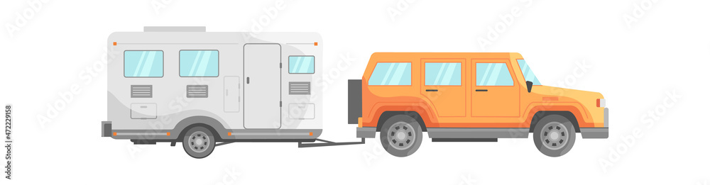 Orange car with trailer. Cartoon motorhome van for holiday, icon flat vector illustration