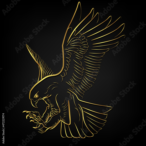 eagle flying over black background ,illustration Golden border tattoo over black background